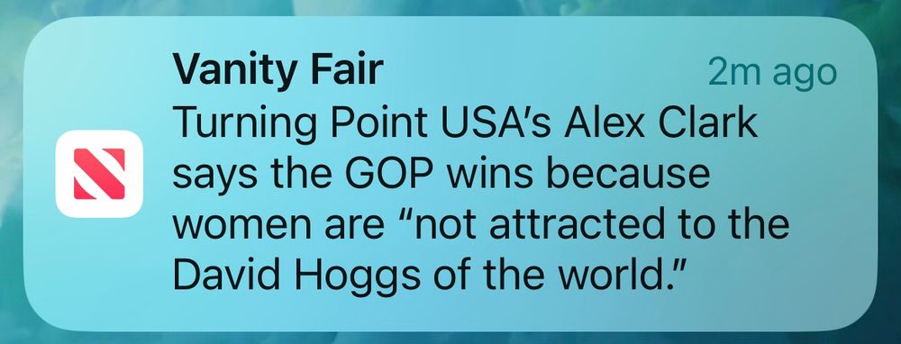 A screenshot of a new notification: “Vanity Fair | Turning Point USA’s Alex Clark says the GOP wins because women are not attracted to the David Hoggs of the world.”