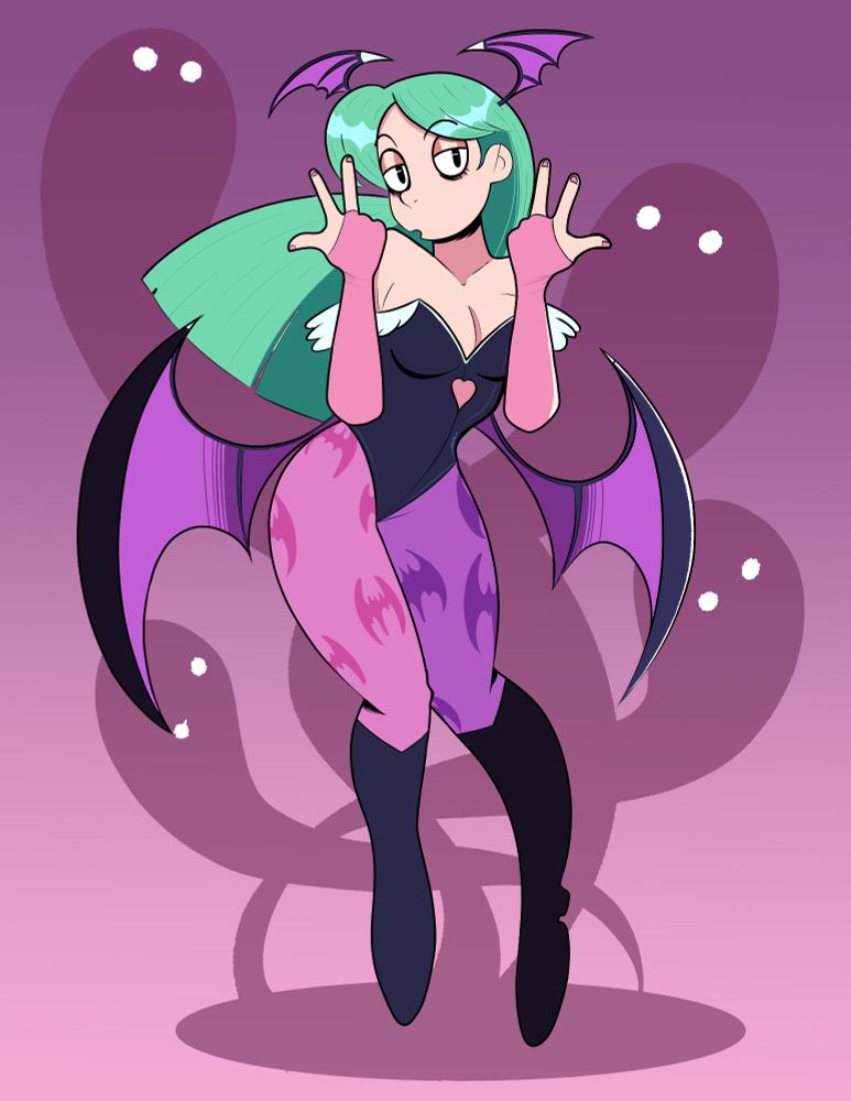 Morrigan from the Capcom game Darkstalkers floating while ghost emerge from the ground. She's wearing a black one piece with purple tights and black boots. Her Green hair flows behind her and her black and purple wings curve on both sides of her waist.