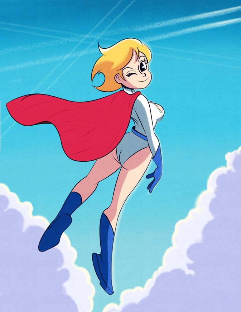 DC comics character Power Girl in her old outfit a white one piece with a red cape blue gloves and blue boots. She is floating above the clouds and winking.