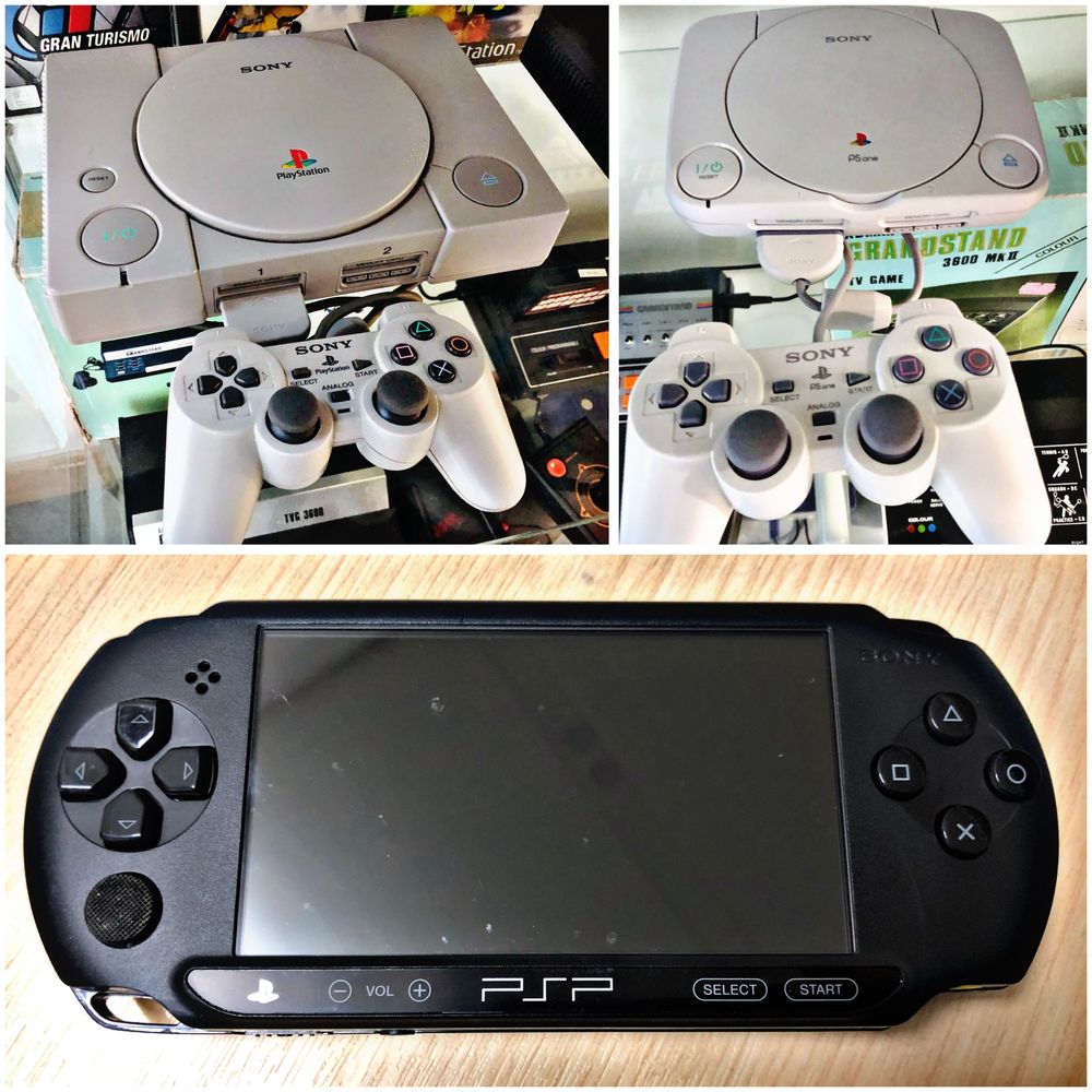 Images of Sony PlayStation, PSP and PSone videogame consoles.