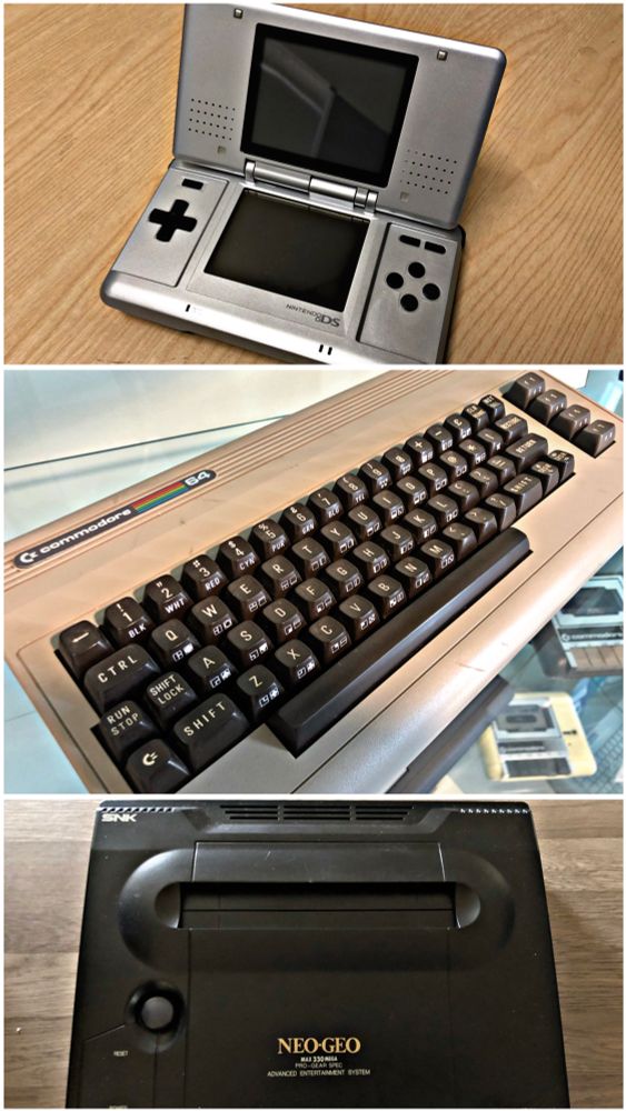 Images of the Commodore C64, Nintendo DS and NeoGeo AES. 