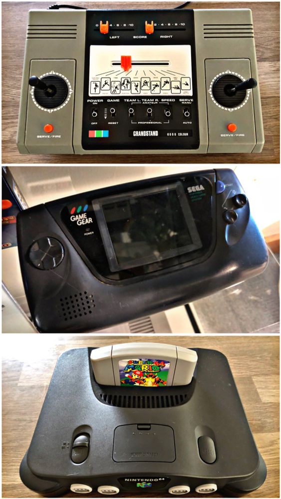 Images of the Grandstand 6000‬ Colour, Sega GameGear and Nintendo N64 ‪video games.