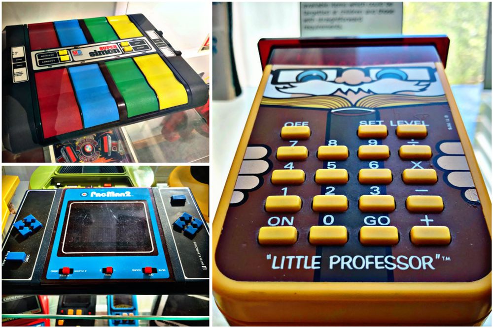 Images of Super Simon, PacMan 2 and Little Professor electronic games.