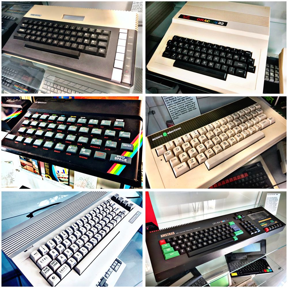 Images of the Atari 800XL, Dragon 32, Sinclair ZX Spectrum, Acorn Electron, Commodore C64C and Amstrad CPC464 microcomputers.