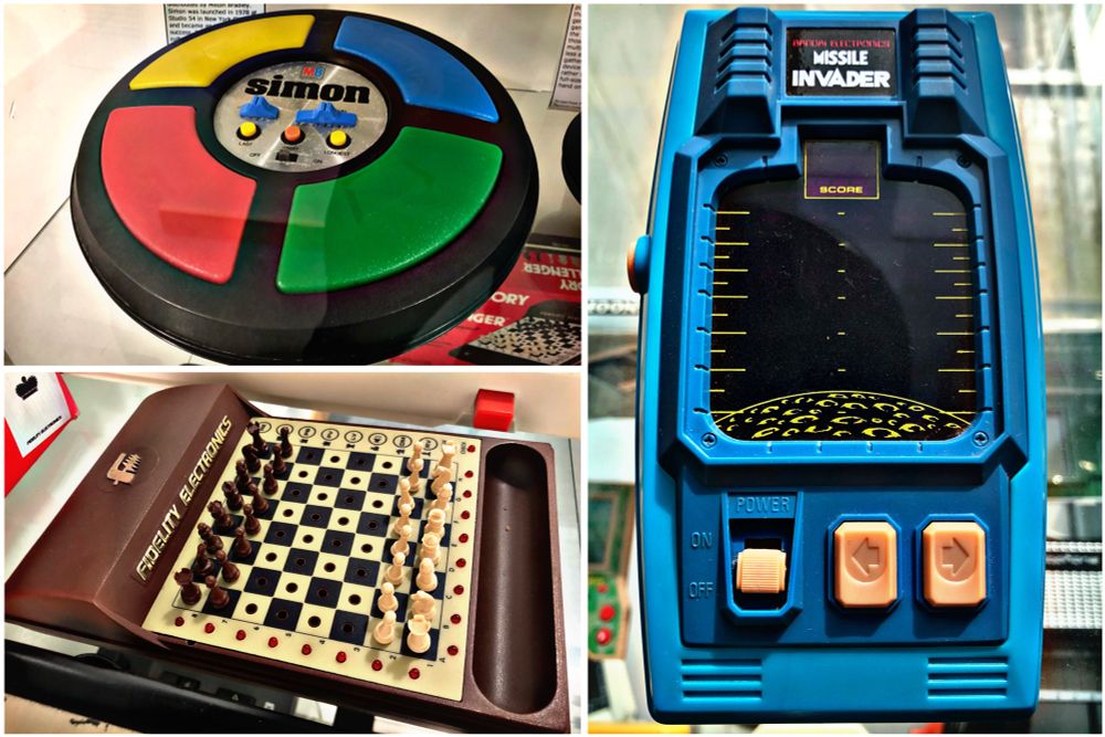 Images of Simon, Missile Invader and Mini Sensory Chess Challenger electronic games.