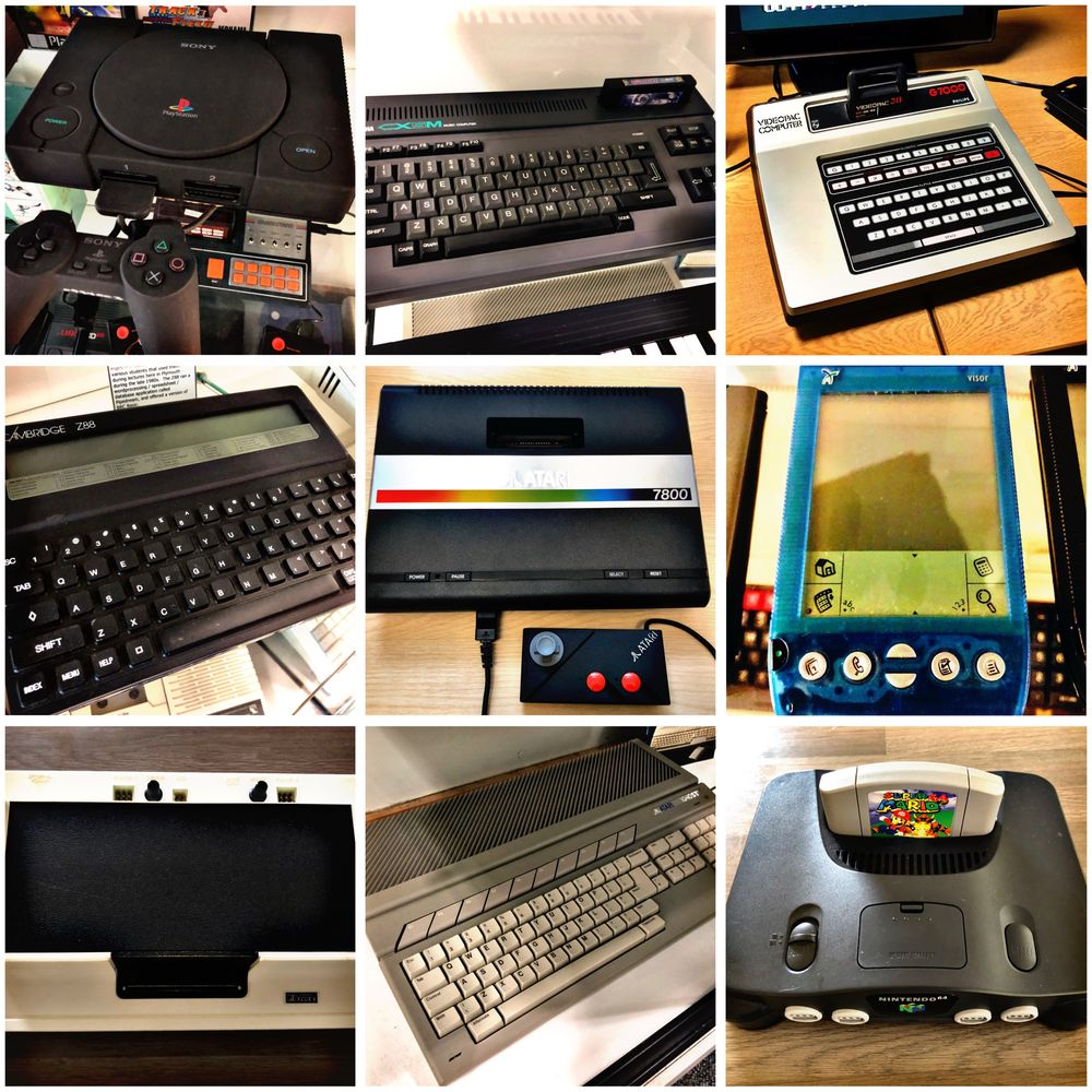A 3x3 grid of images of retro computers, video game consoles and handheld devices.
