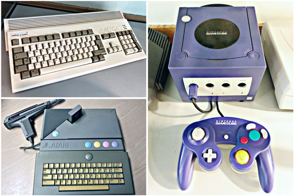 Images of the Amiga A1200, Atari XEGS and Nintendo GameCube.