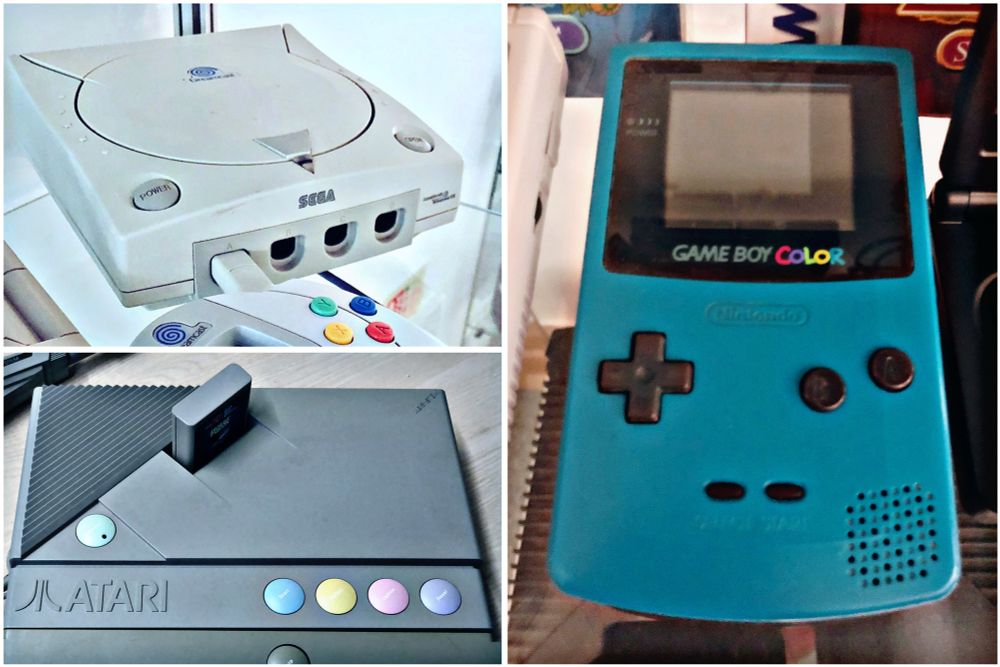 Images of the Sega Dreamcast, Atari XEGS and Nintendo GameBoy Color videogame consoles.