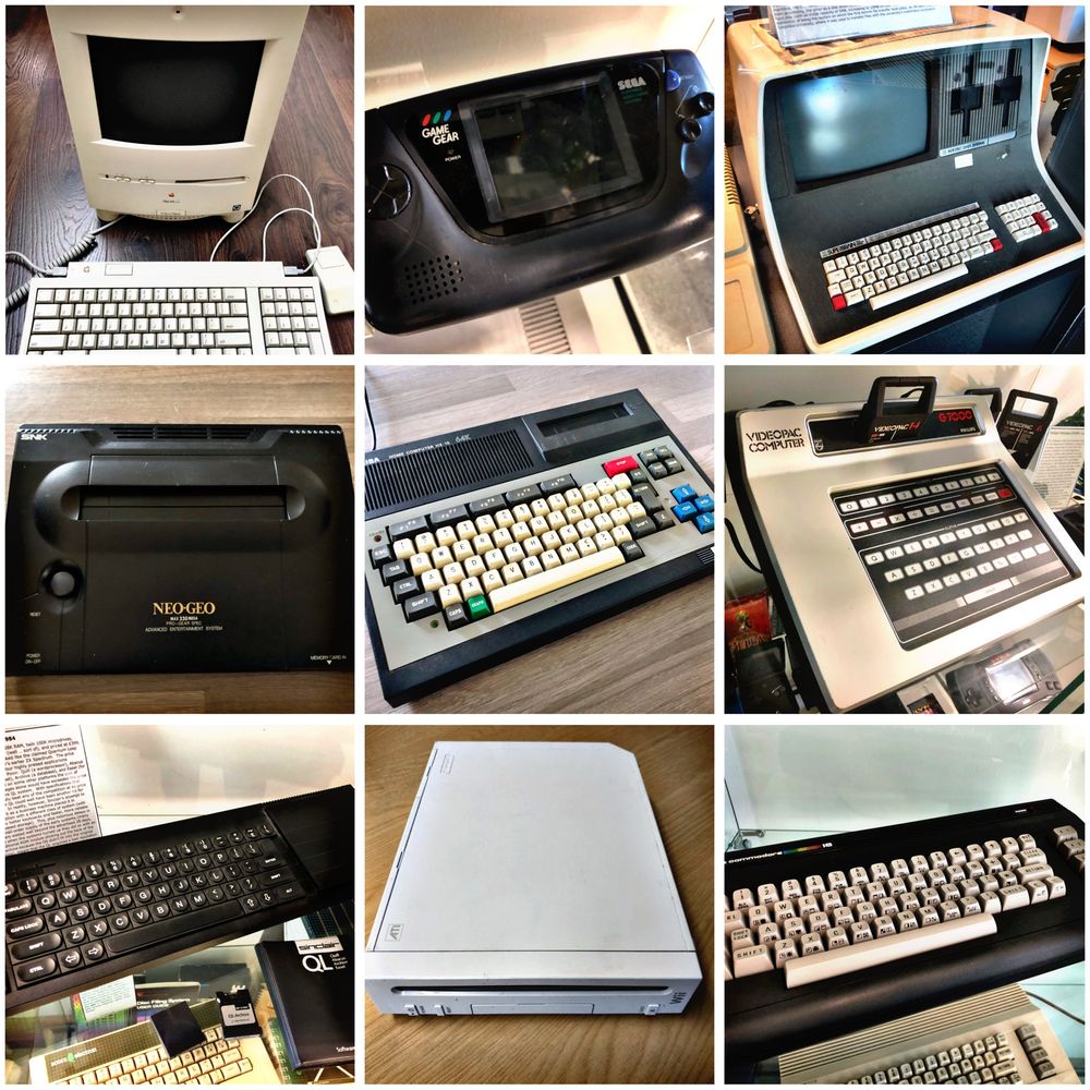 A 3x3 grid of retro computers and games consoles.