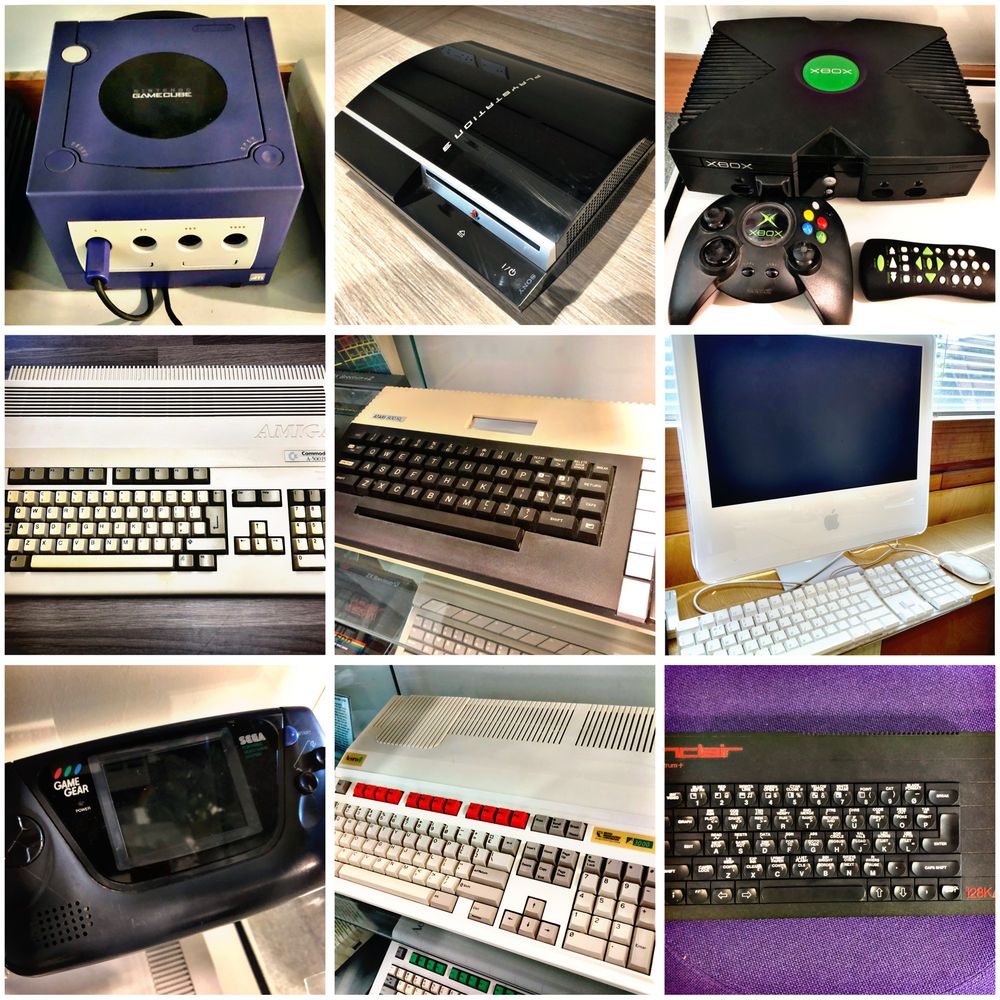 A 3x3 grid of images of retro computers and videogame consoles.
