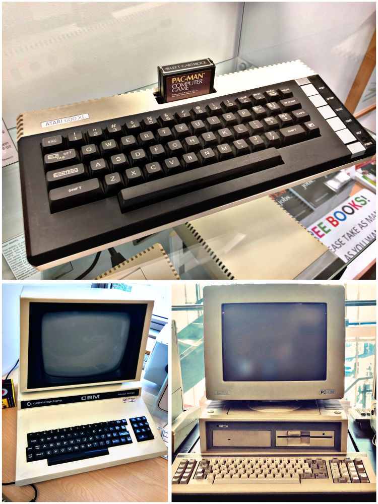 Images of the Commodore CBM8032‬,
Atari 600XL and Amstrad PC1640 personal computers.