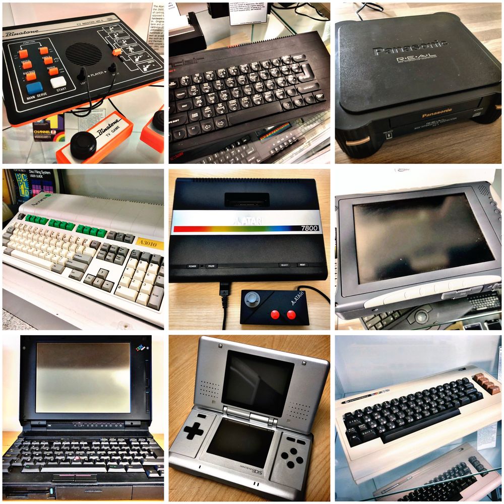 A 3x3 grid of images of retro computers and video game consoles.