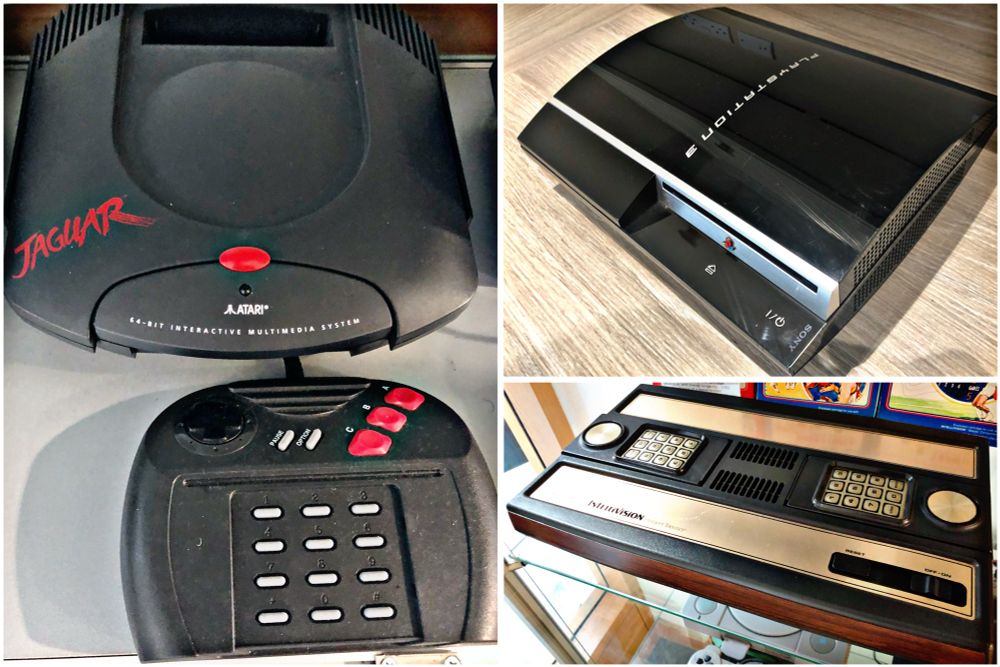 Images of the Atari Jaguar, Sony PS3 and Mattel Intellivision games consoles.
