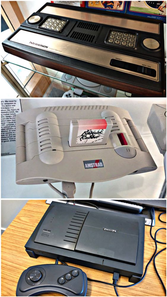 Images of the Mattel Intellivision, Amstrad GX4000 and Philips CDI 450.