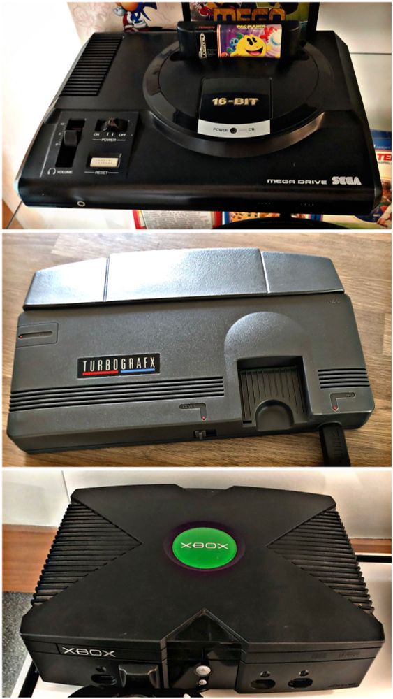 Images of the Sega MegaDrive‬, Microsoft Xbox and NEC TurboGrafx videogame consoles. 