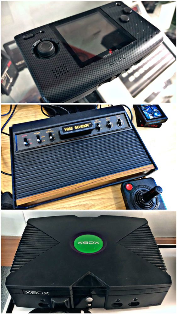 Images of the SNK NeoGeo Pocket, Atari VCS and Microsoft Xbox videogame consoles.
