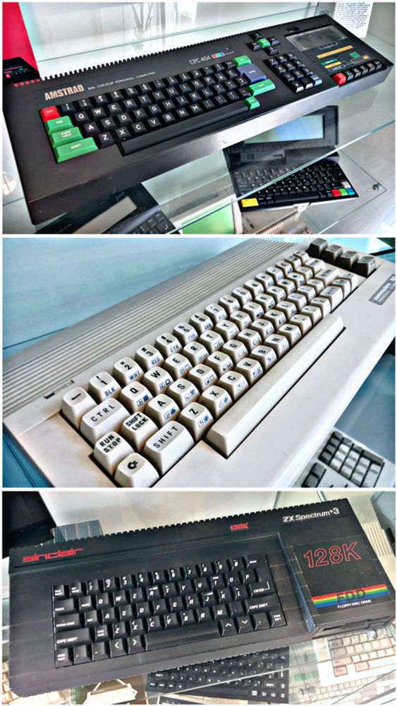 Images of the Amstrad CPC464,
Commodore 64C and Sinclair ZX Spectrum +3 microcomputers.