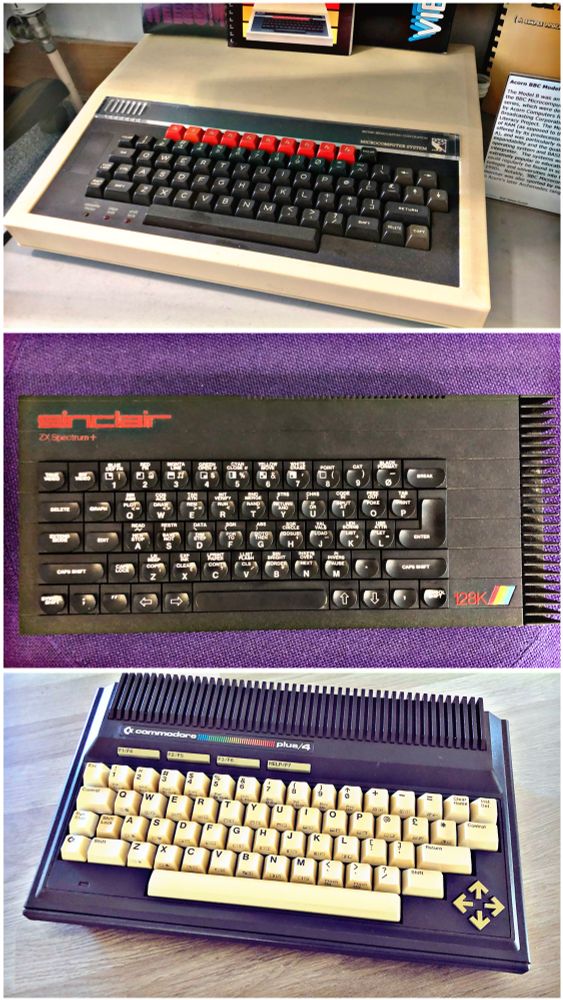 Images of the BBC Micro Model B, Sinclair ZX Spectrum 128 and Commodore Plus/4 personal computers.