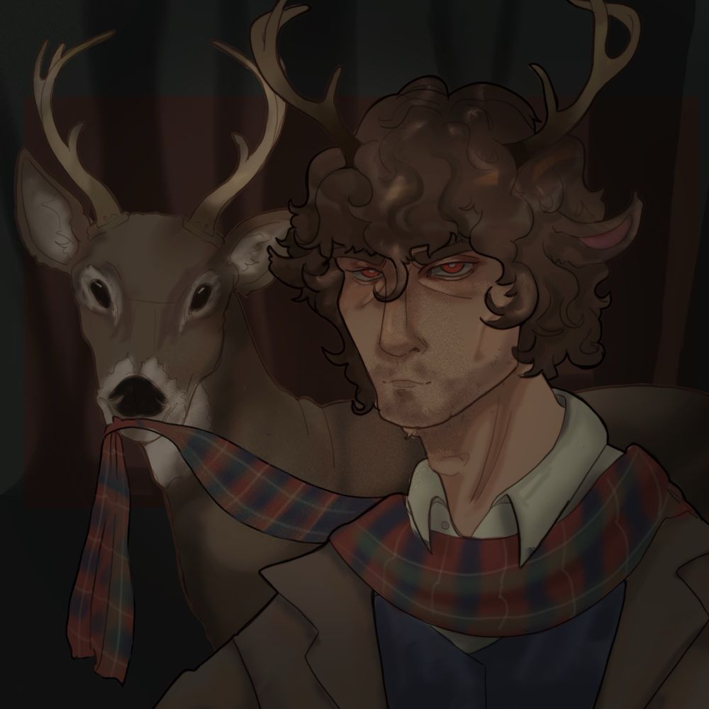 A portrait of a man with antlers wearing a scarf. Behind him is a deer with the scarf in its mouth presumably eating it. The man does not look amused. 