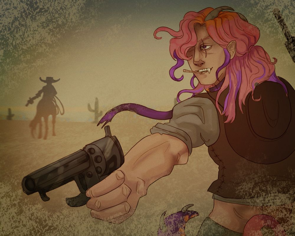 A Pink haired cowboy points a revolver in the distance, ready to shoot. 
