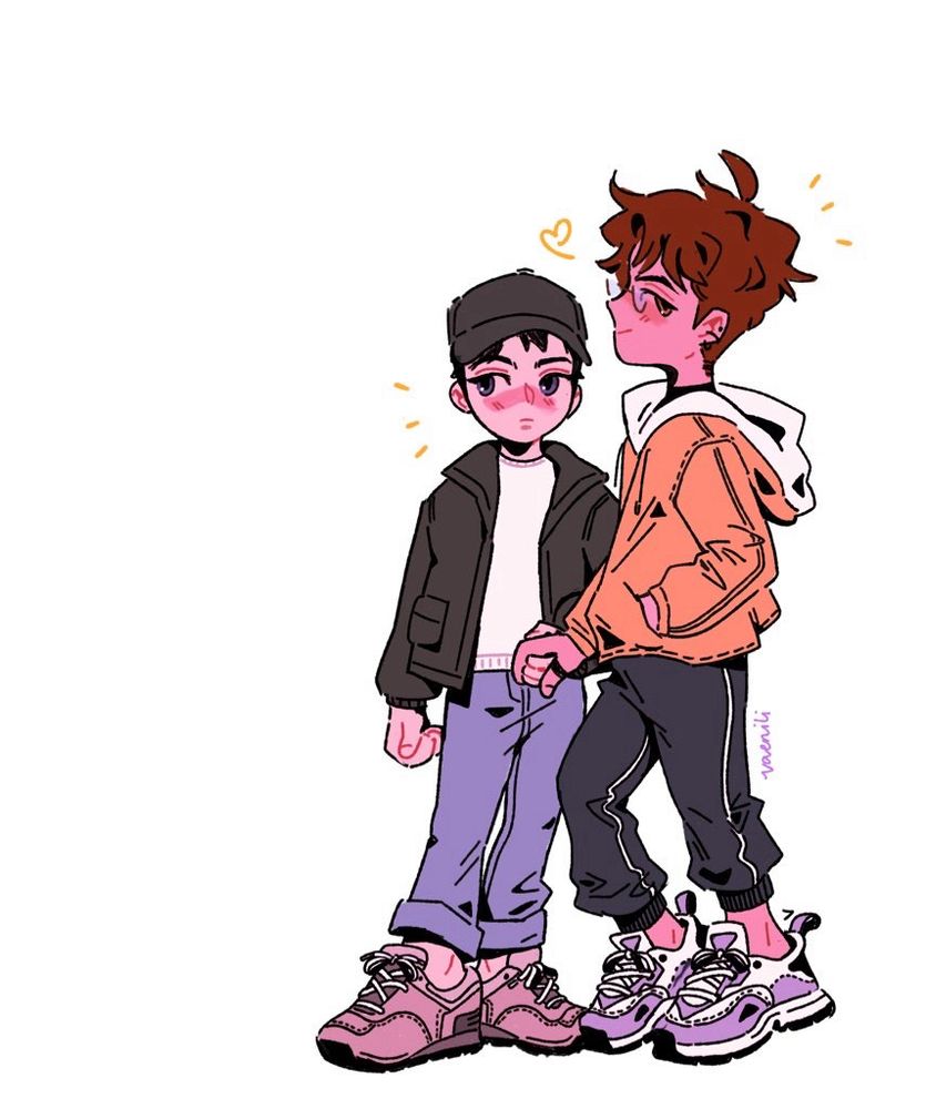 Sangwoo and Jaeyoung holding hands. Sangwoo is dressed in a white shirt, black jacket, blue jeans 🩵 and a black cap; his espresso is soft, looking off to the left. Jaeyoung is wearing a bright yellow jacket with a white hood, black joggers with single white stripes down his sides; he is looking at you with a sly smile on his face. They are in love.