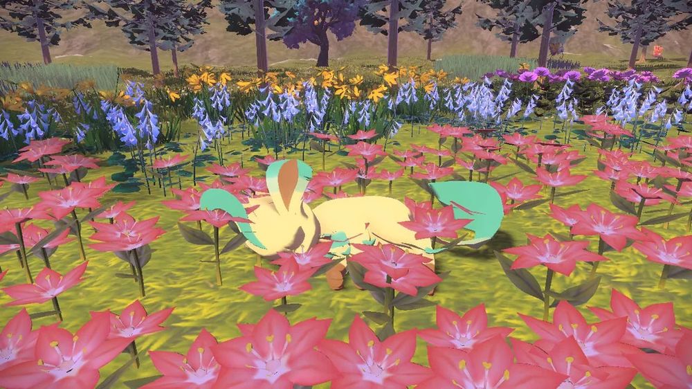 a photo from pokémon legends: arceus of a leafeon lying asleep in the middle of a gracidea flower patch.