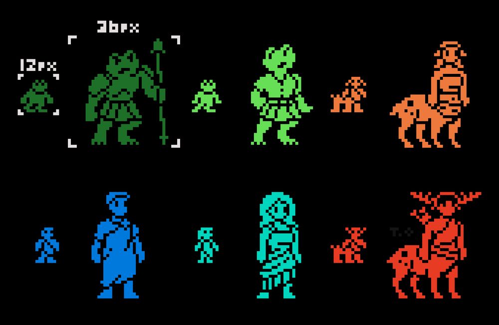 1bit sprites of different characters, each one has a 12 by 12 pixels version and a 36 by 36 pixels version. There's a frog warrior holding a spear, a frog girl, a female cervitaur, a roman looking man, a roman looking woman and a male cervitaur with big horns