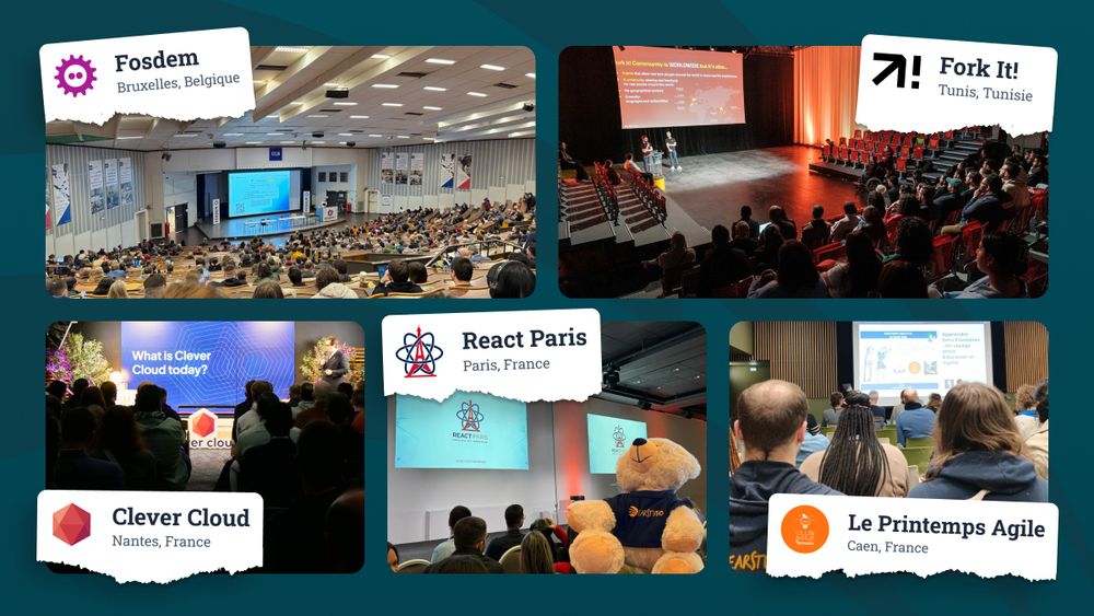 Un visuel Bear Studio regroupant les 5 conférences auxquelles nous avons assité ces 4 derniers mois, avec une photo de chacune.
Haut gauche : Fosdem
Haut droite : Fork it! Tunis
Bas gauche : Clever Cloud Fest
Bas centre : React Paris
Bas droite : Le Printemps Agile