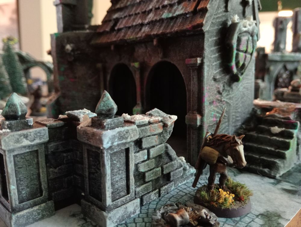 close up of frostgrave terrain, showing a dude with massive horse head and tiny legs