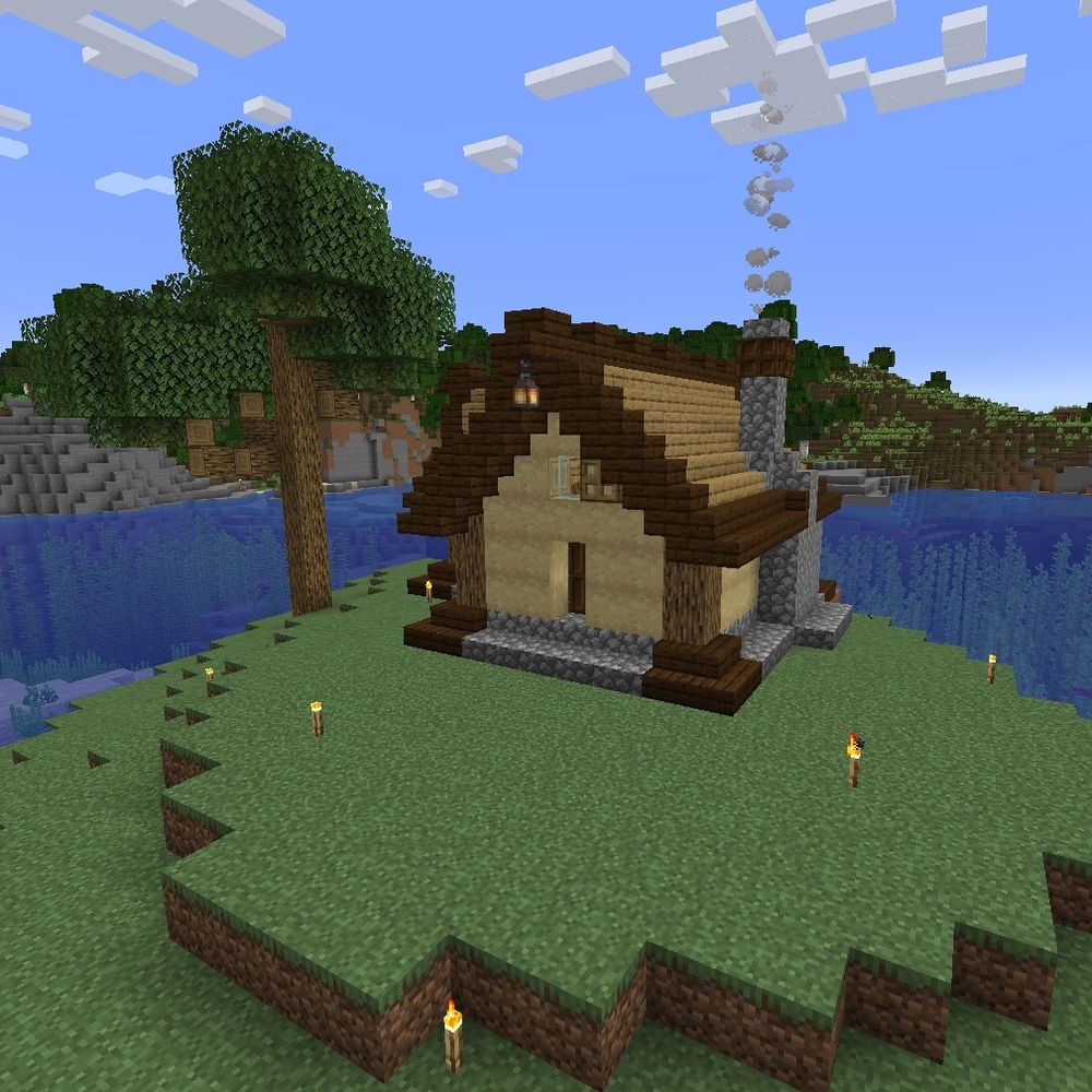 The small house on Minecraft again, this time seen from the right of the house, with the oak tree visible to the left