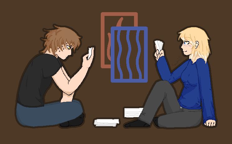 On the left hand, a man with brown hair is visibly sweating with an exasperated expression. On the right hand, a girl with blond hair is much more at ease. Both are playing some sort of card game.