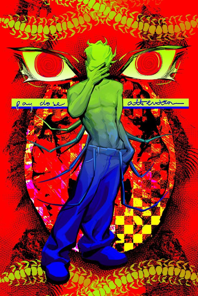 Axel, my oc, stand in front of a MRI scan of a brain. Eyes stare forward and centipedes border the sides. 