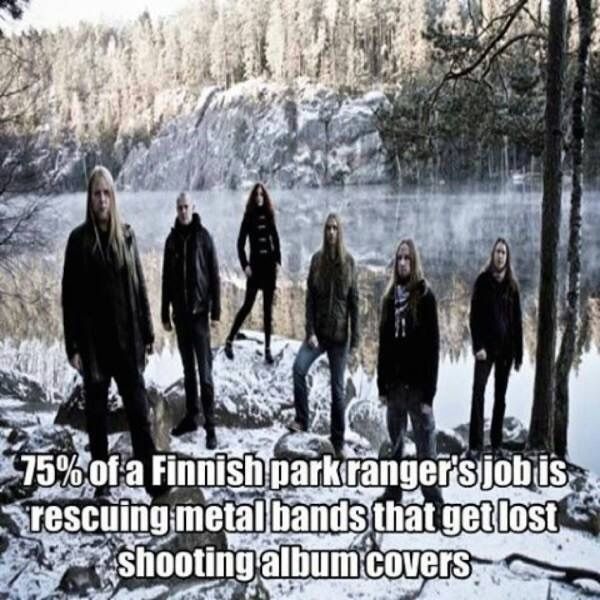 Half a dozen Finnish males stand in front of a river in a wintry forest. The image is captioned 75 percent of a Finnish park ranger's job is rescuing metal bands that get lost shooting album covers.