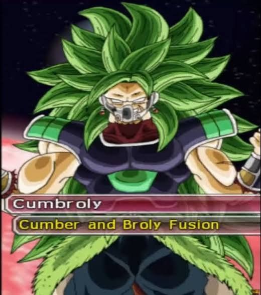 cumbroly: a fusion of cumber and broly with long green hair, a mask and black and green saiyan armour