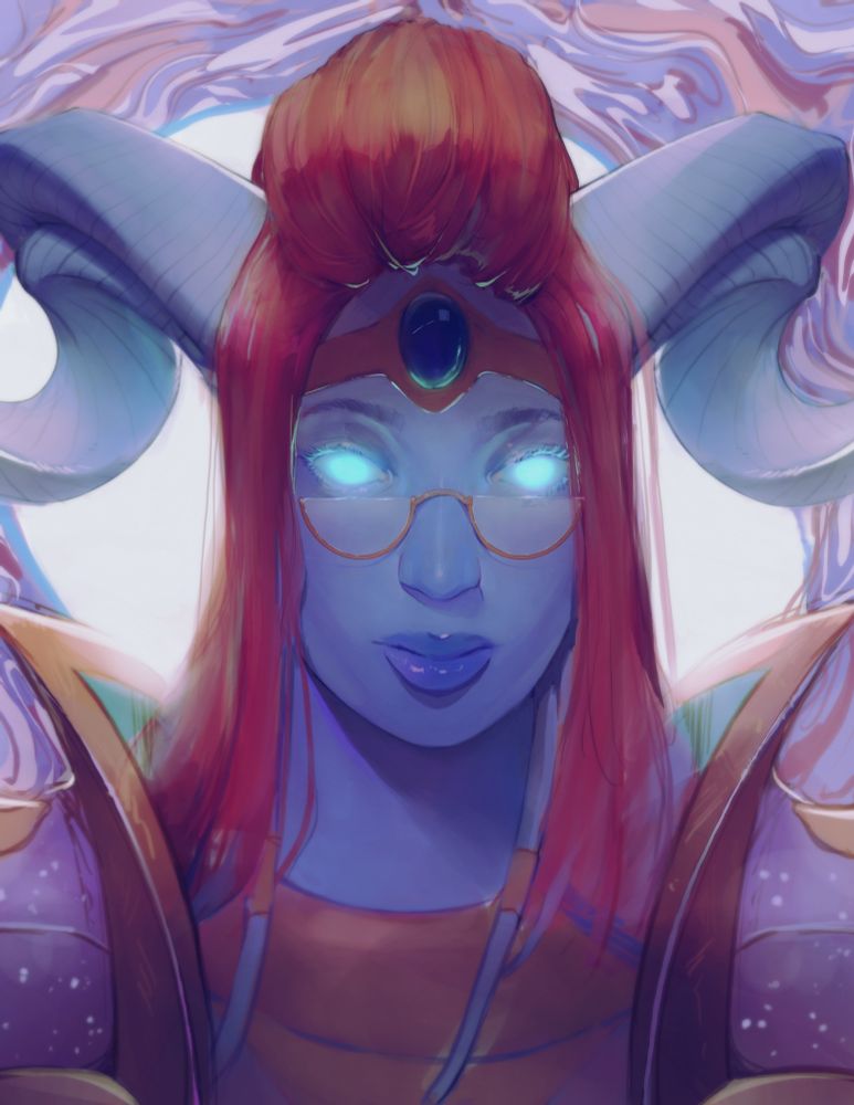 Portrait sketch is of Yalenia, someone's draenei character in WoW. The color palette is blues, reds, pinks, and purples. She has red hair in a mohawk ponytail with extra pieces falling to her shoulders on either side . She has large curly horns similar to a ram's. There's a bit of sparkle in the celestial looking armor. 
