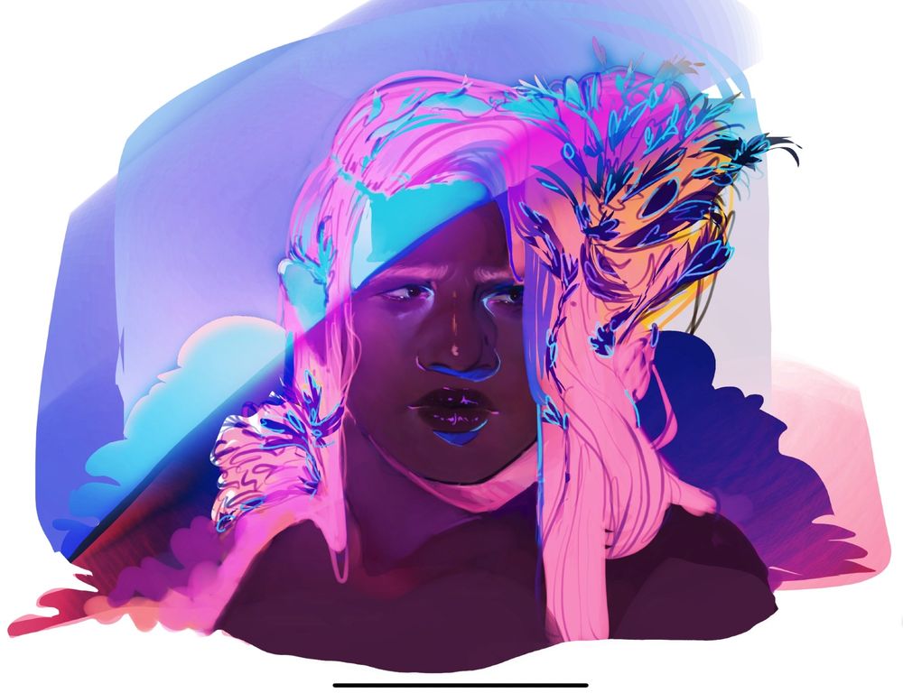 Portrait of a man with vibrant pink hair. A neon blue light cuts across his face. Clouds frame him on either side ranging from pinks, purples, to neon blues. His expression is mildly concerned.