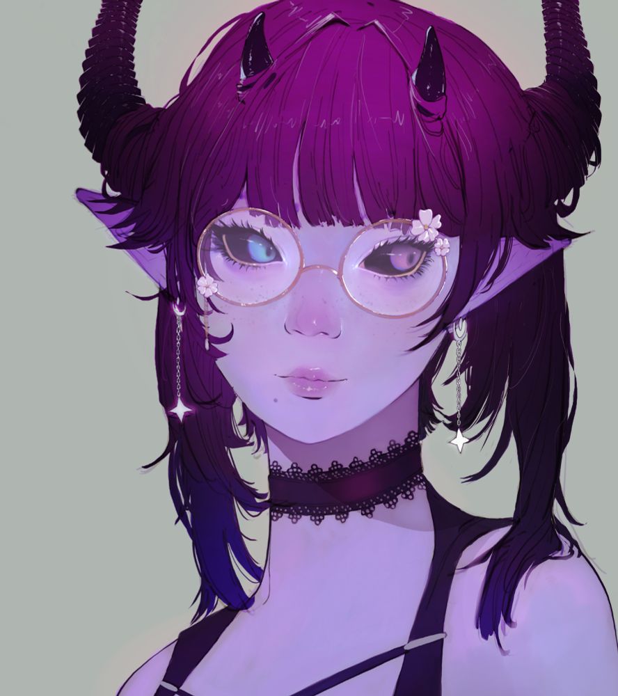 Commission of RosenniaArts's OC, Erin who has a lovely heart shaped face, cute little horns above her brow, two larger horns curving out and up on the sides of her head. Her bangs fall just below her eyebrows in a straight edge. There are shorter pieces curly whimsically towards her nape and then longer pieces on both sides that touch her shoulders. She's wearing round gold glasses with white tiny white flowers decorating some parts of the eges. Long dangling earrings leading to stars that twinkle. 