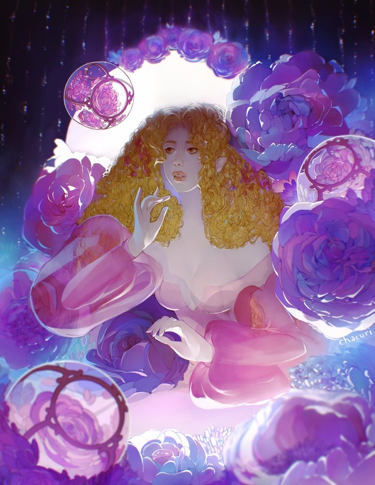 Echinacea (they/them), is sitting in a pastel pink dress with fluffy sheer balloon sleeves, in the middle of a sea of purple, pink, blue flowers. There are 3 terrariums floating in the frame, also, filled with flowers. There's are strong lights coming from behind them and to the front right flowery section, bouncing light everywhere. The background is dark with starry textures glittering in rows down.