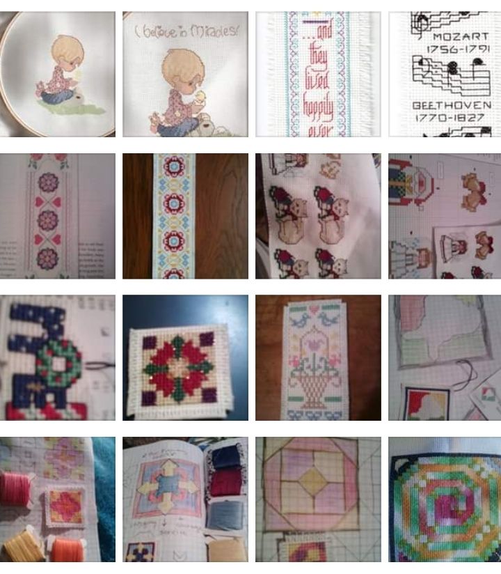 A screenshot of the album of cross stitching pictures I'd saved on Facebook way back when I still had an account. 

16 small thumbnail pics in a grid. Some are bookmarks, some are small Christmas designs I gave as gift ornaments, a couple are the work in progress and completed Precious Moments of a little boy holding a little, newly hatched ducking in its shell. And, one is a large spiral design I made based on a friend's happy things.

I did all my cross stitching as gifts for other people bc of that creepy trope of the knitter or crochet person whose house became a yarn nightmare.

Side note - same as I add to recipes to taste to improve them for my preferences, I also adjusted a number of the color selections in the pre-made designs bc my colors were better. Either better matched or not as washed out. The colors on my own designs are definitely bolder.