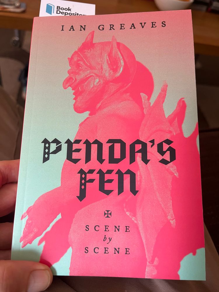 Cover of Ian Greaves’ book on writer David Rudkin’s Play for Today ‘Penda’s Fen’, directed by Alan Clarke. A demon in cerise against a pale green graded to pink background. Penda’s Fen, Scene by Scene and author’s name in black.