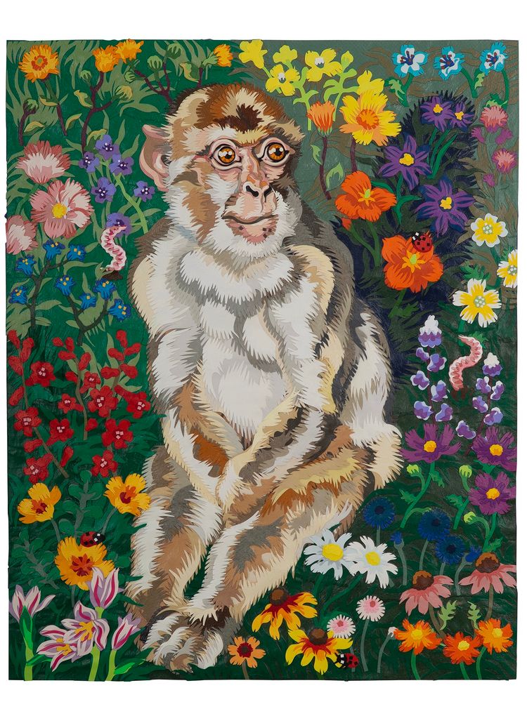 Collage of a monkey sitting in a field of flowers
