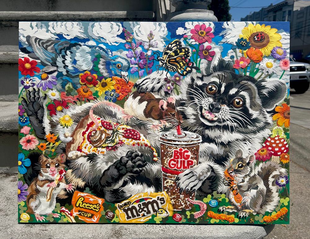 Raccoon in field of flowers with junk food and small animals 