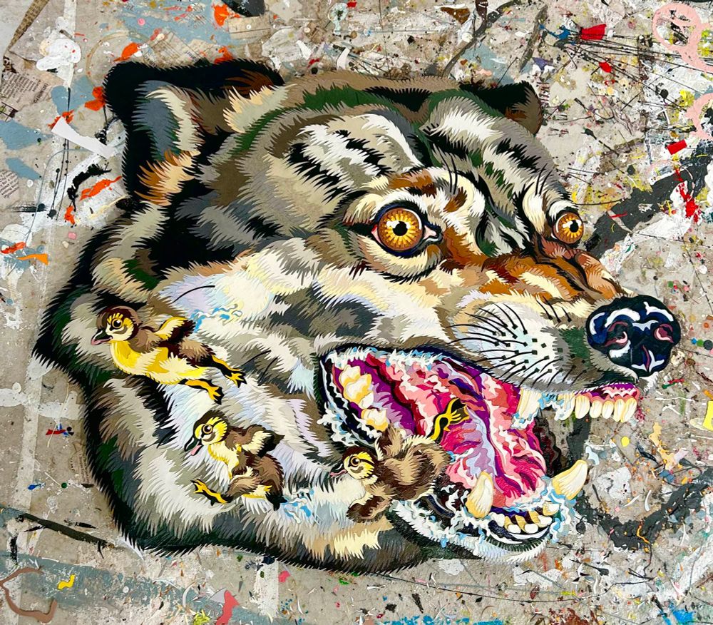 Collage of a wolf head with ducklings flying out of its mouth 