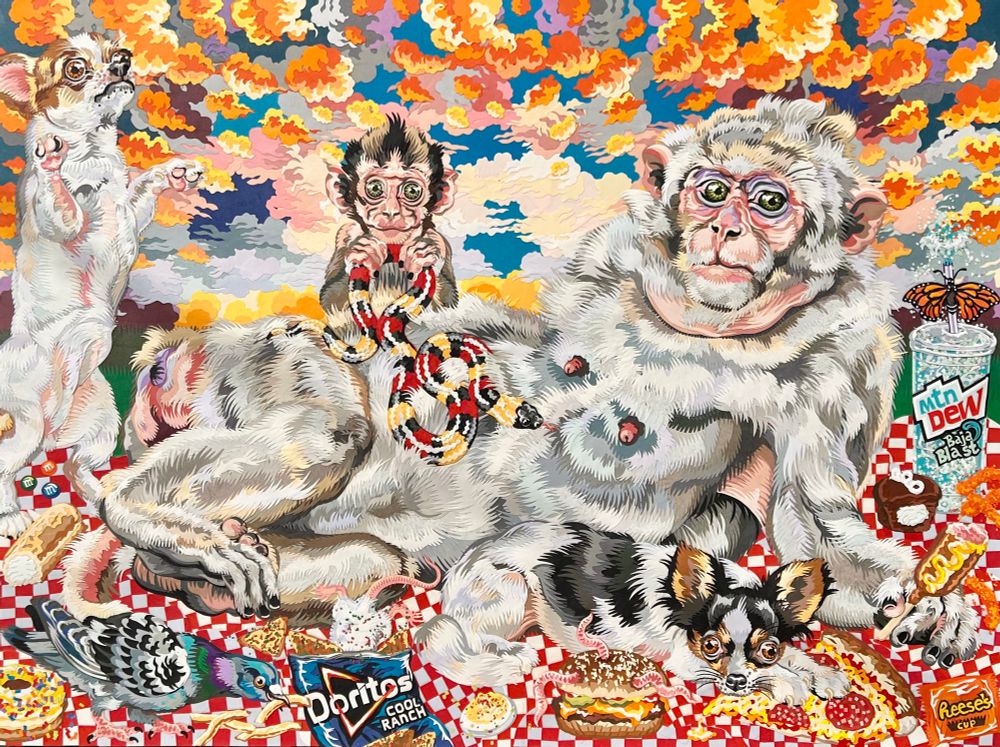 Collage landscape scene of a monkey, dog, and pigeon picnic