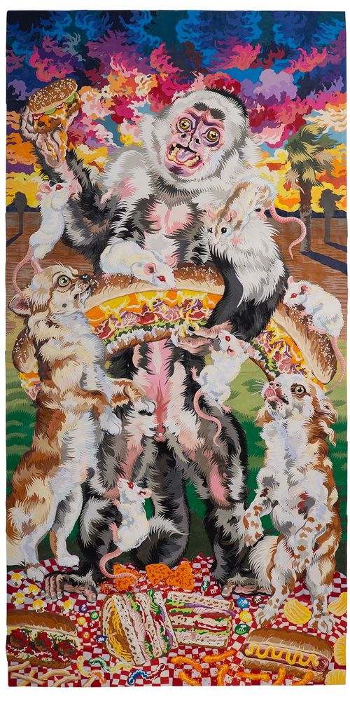 Collage of monkey, rats, and dogs having a picnic in the desert 