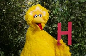 Big Bird from Sesame Street, presenting the letter 'H'.
