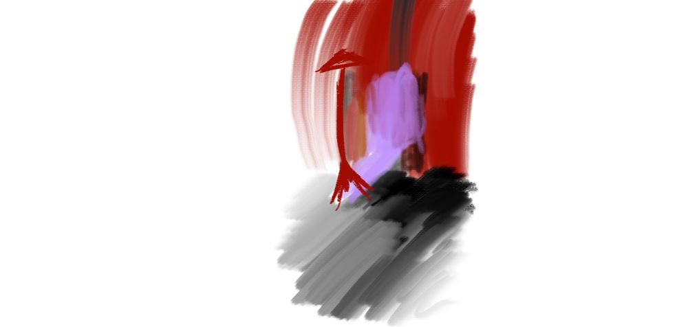 Painting of a lamp, red purple and black messy colours.
