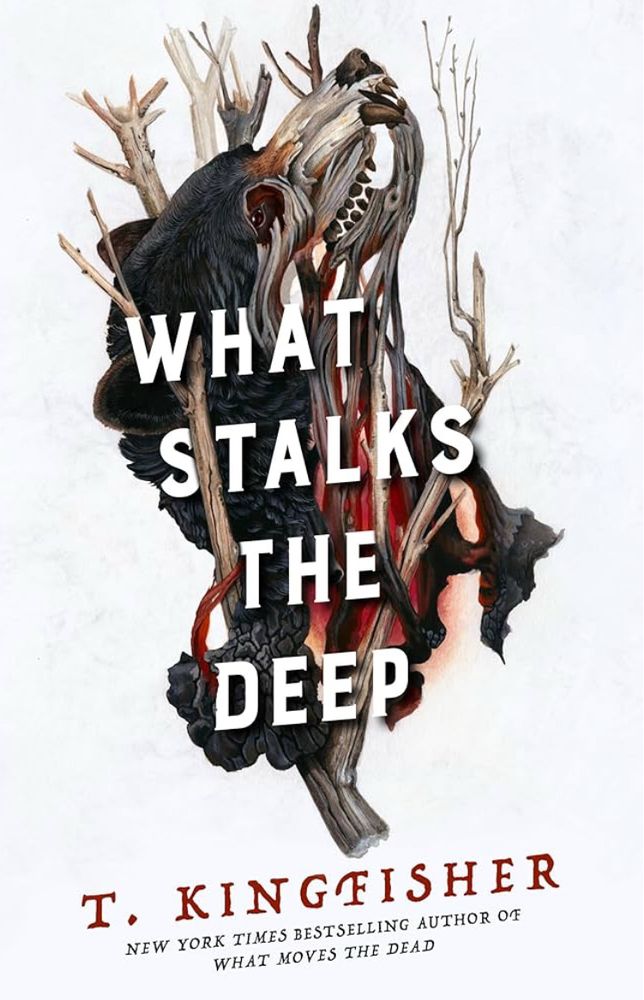 Cover of T. Kingfisher’s What Stalks the Deep. Against a pure white background, a dog’s head that is part skeleton, part strips of fur is pierced by bare branches. A deep set eye peers out from the skull.