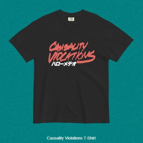 screen cap depicting the special edition t shirt for Hello Meteor's "Causality Violations" album trilogy. 