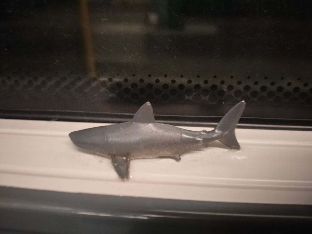A plastic toy shark glued to the windowsill of a bus.